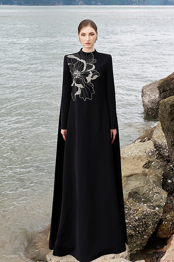 Velvet Satin Dress with Floral Crystal Details