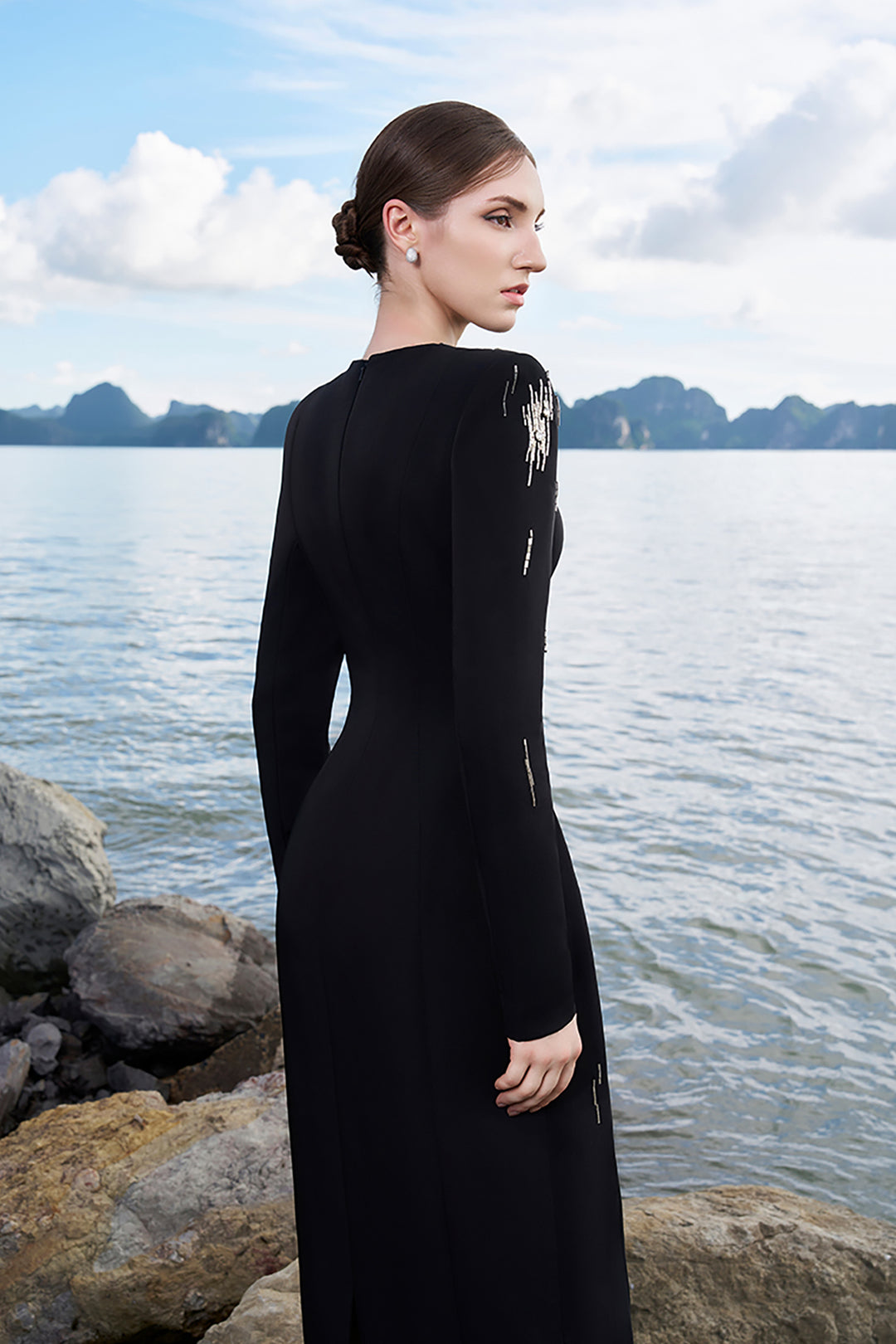 Velvet Satin Dress with Bead Embellishments