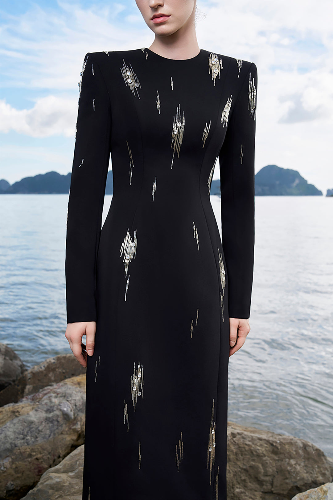 Velvet Satin Dress with Bead Embellishments