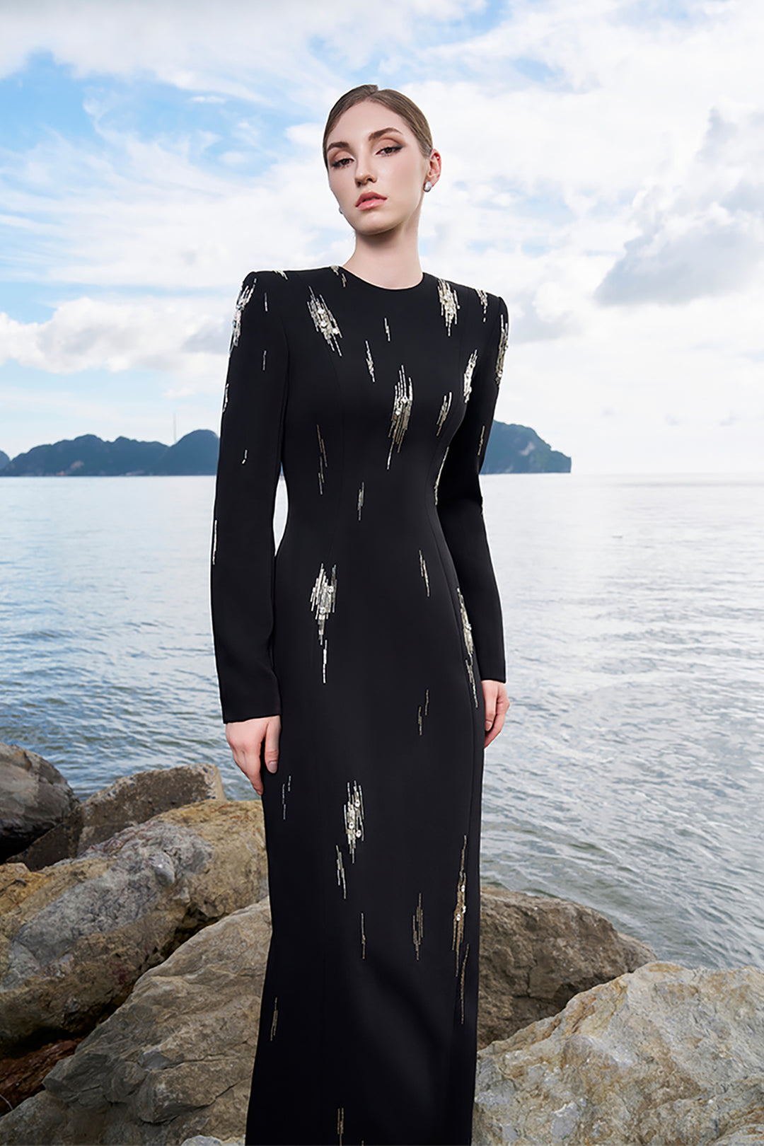 Velvet Satin Dress with Bead Embellishments