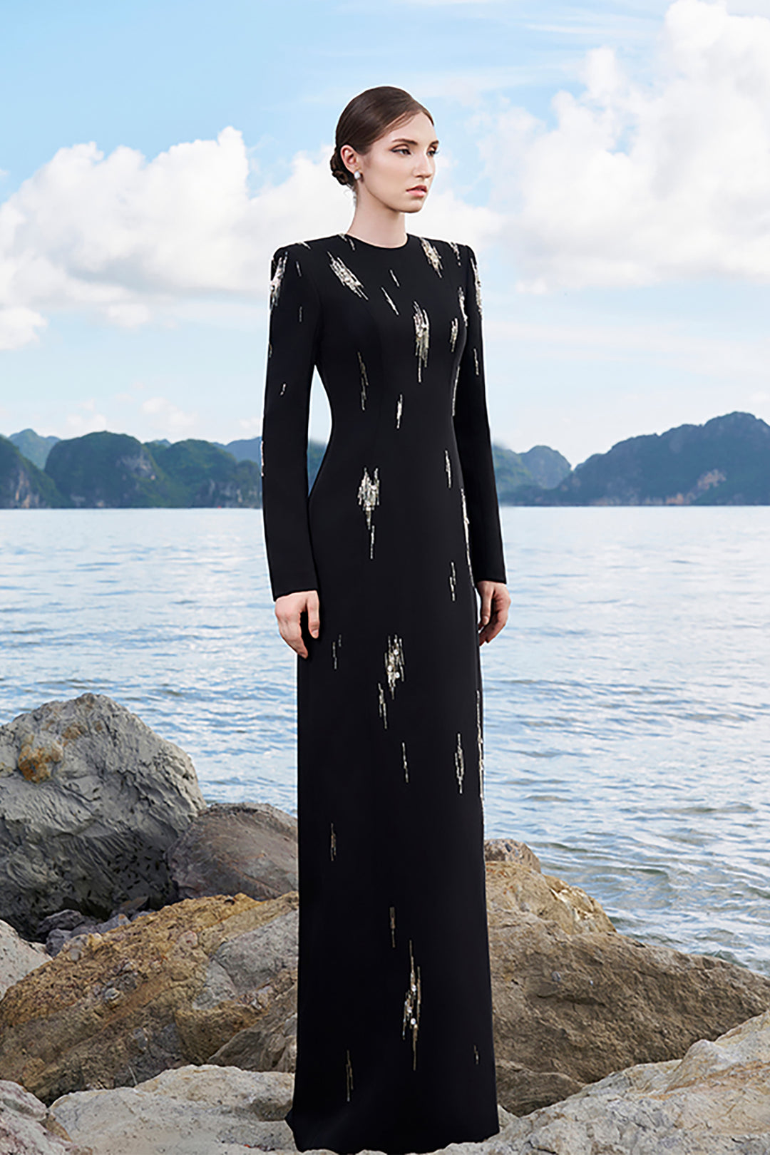 Velvet Satin Dress with Bead Embellishments