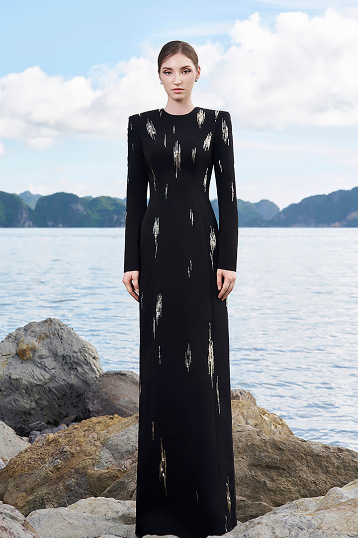 Velvet Satin Dress with Bead Embellishments