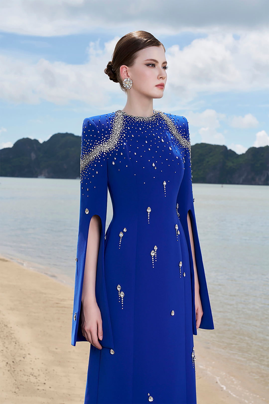 Velvet Satin Dress with Flared Sleeves