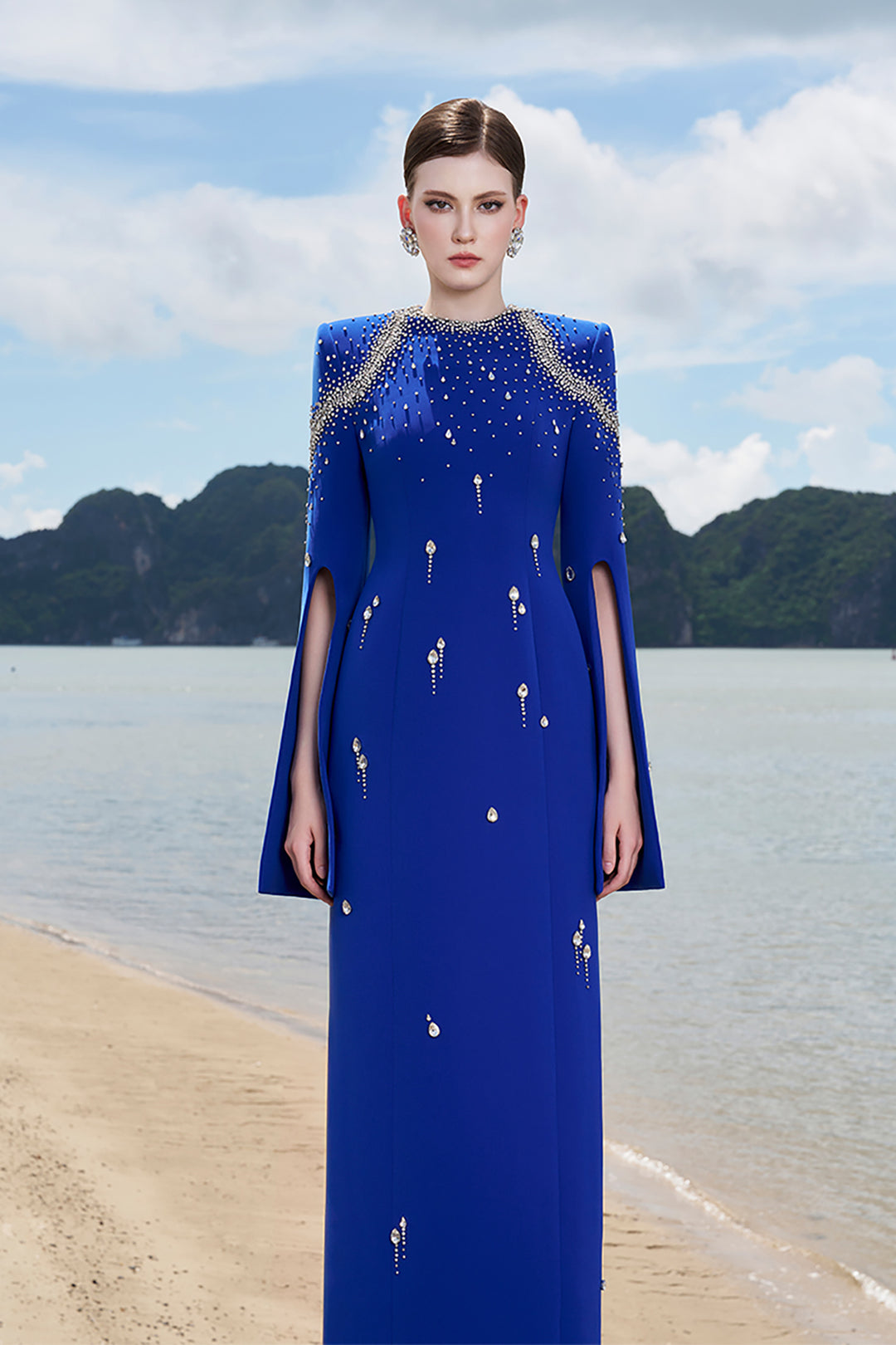 Velvet Satin Dress with Flared Sleeves