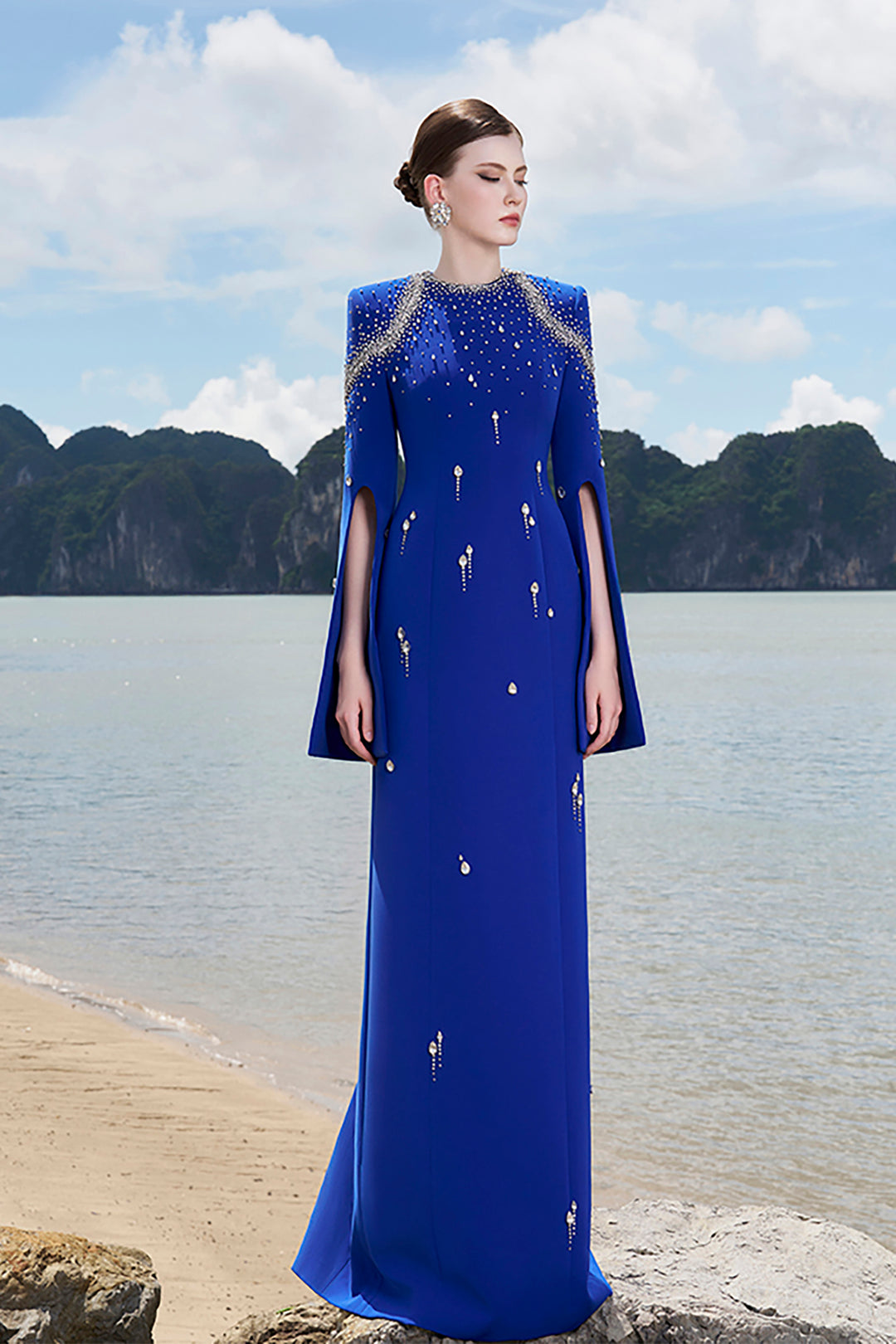 Velvet Satin Dress with Flared Sleeves Navy Blue / FR 44 Velvet Satin Dress with Flared Sleeves Navy Blue / FR 44