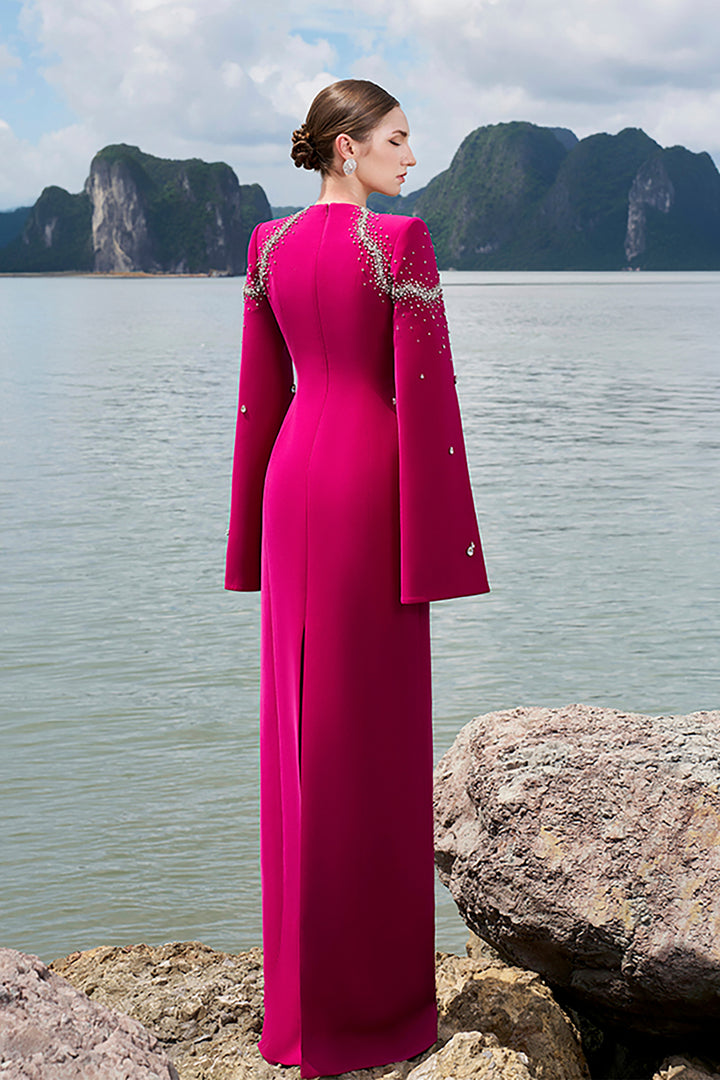 Velvet Satin Dress with Flared Sleeves