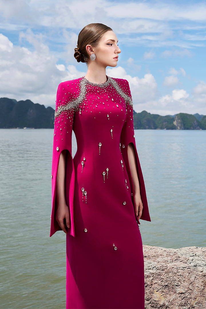 Velvet Satin Dress with Flared Sleeves
