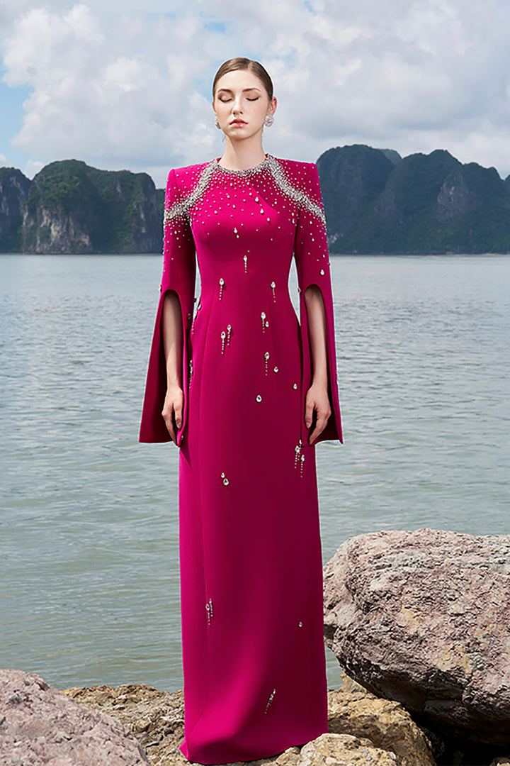 Velvet Satin Dress with Flared Sleeves