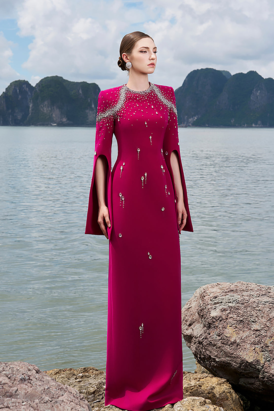 Velvet Satin Dress with Flared Sleeves