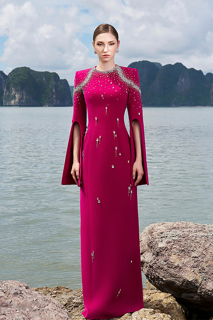 Velvet Satin Dress with Flared Sleeves