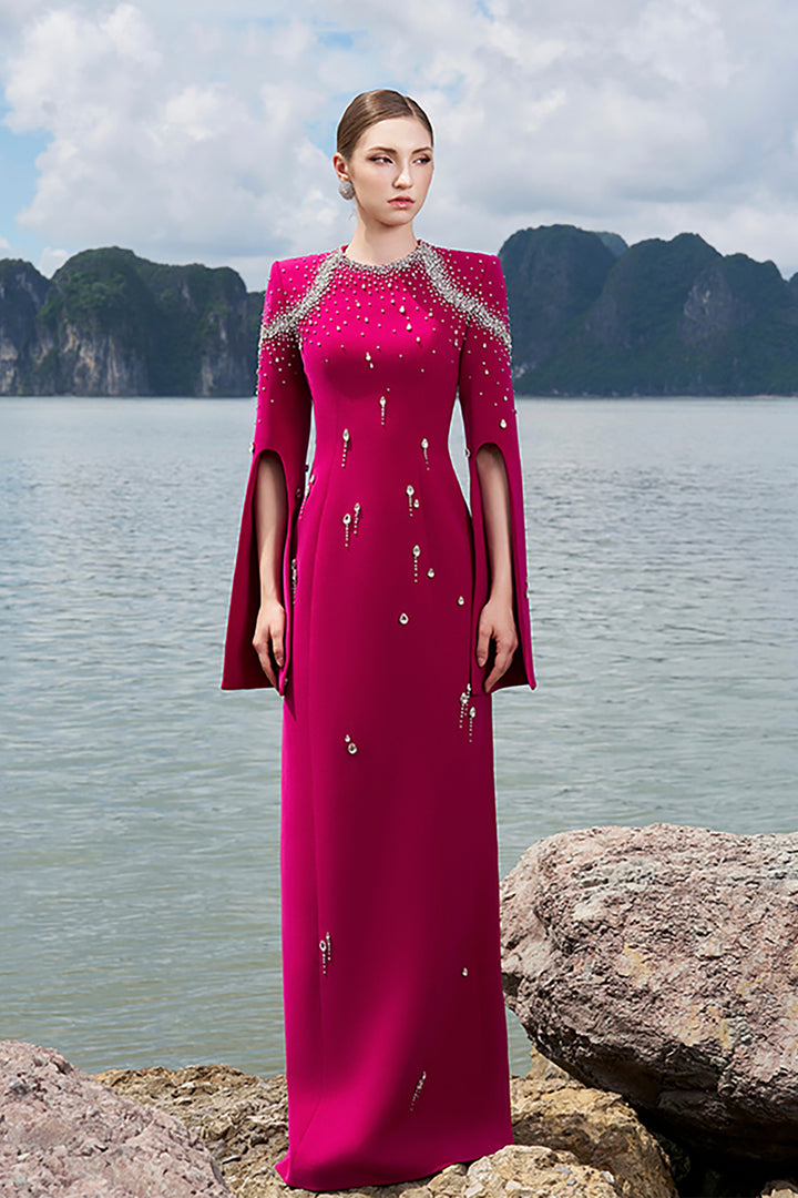 Velvet Satin Dress with Flared Sleeves