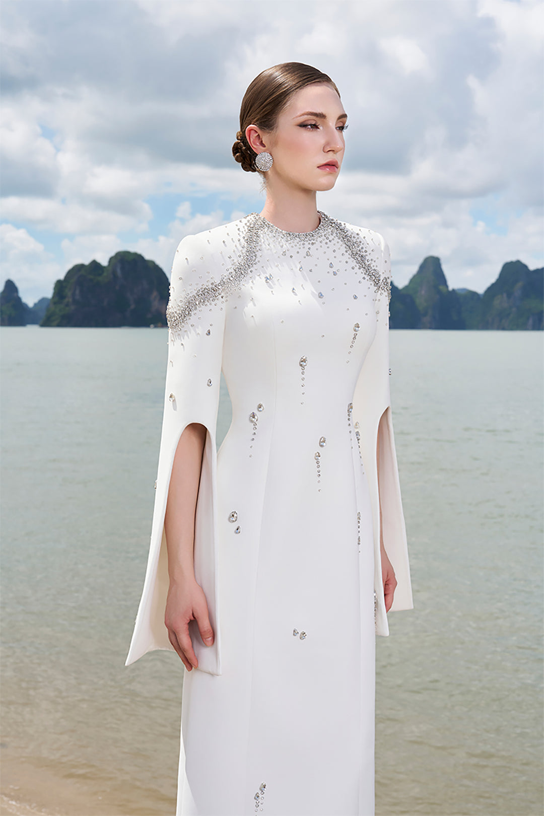 Velvet Satin Dress with Flared Sleeves