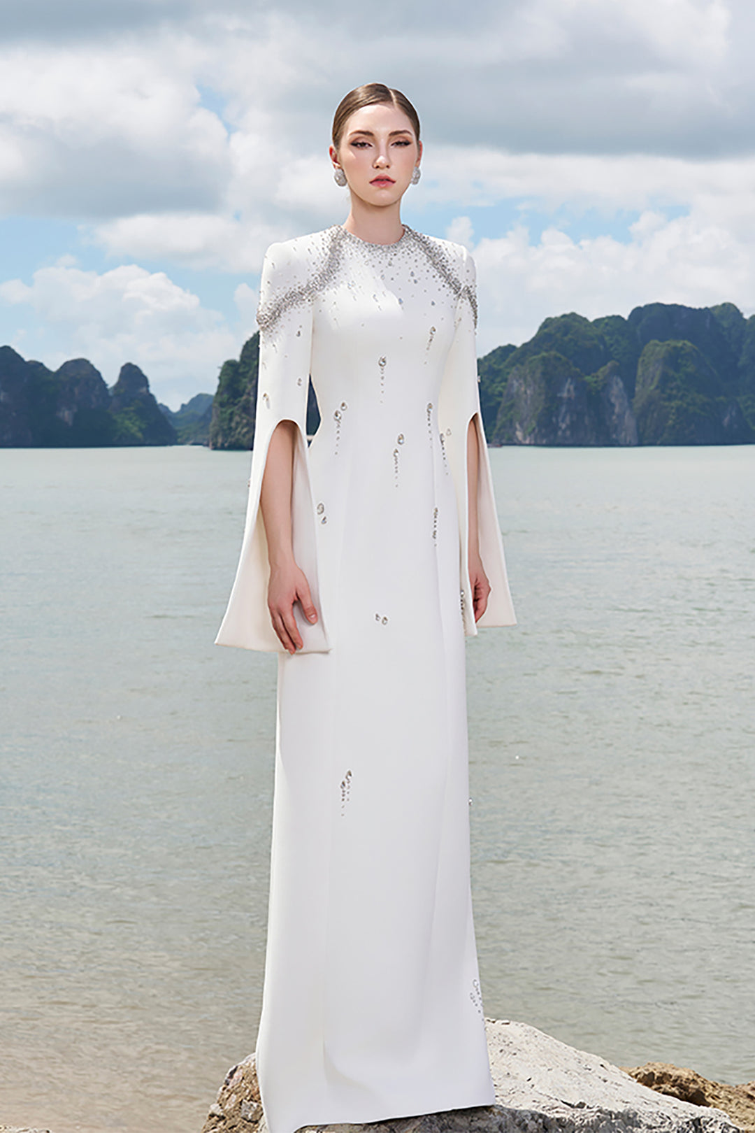 Velvet Satin Dress with Flared Sleeves