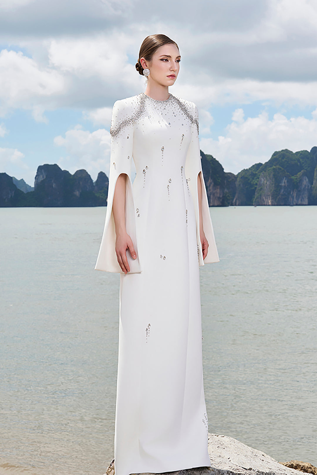 Velvet Satin Dress with Flared Sleeves