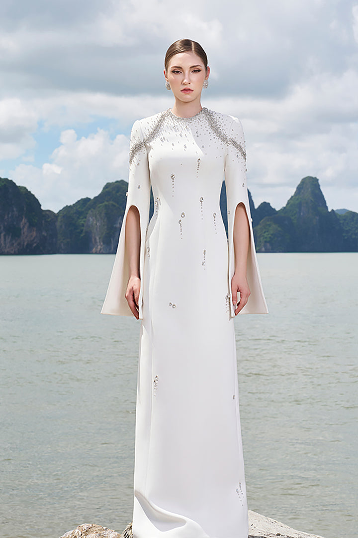 Velvet Satin Dress with Flared Sleeves