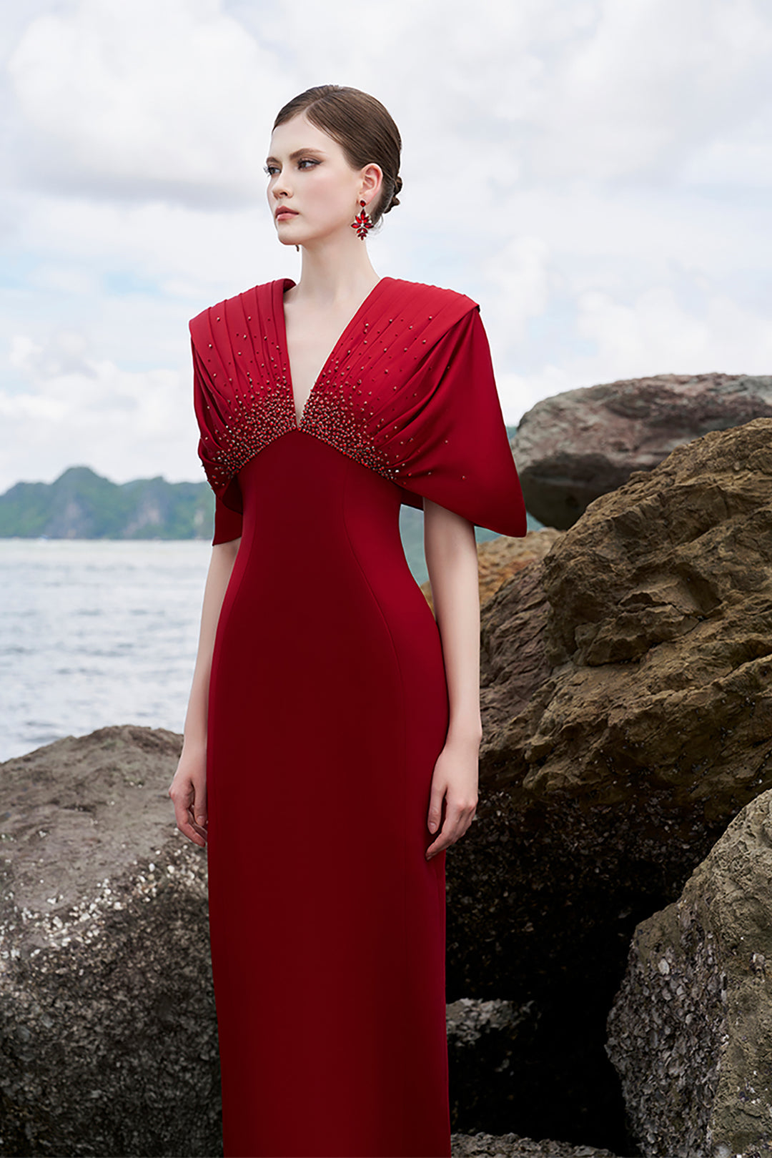 Velvet Satin Dress with Crystal-Embellished V-Neck