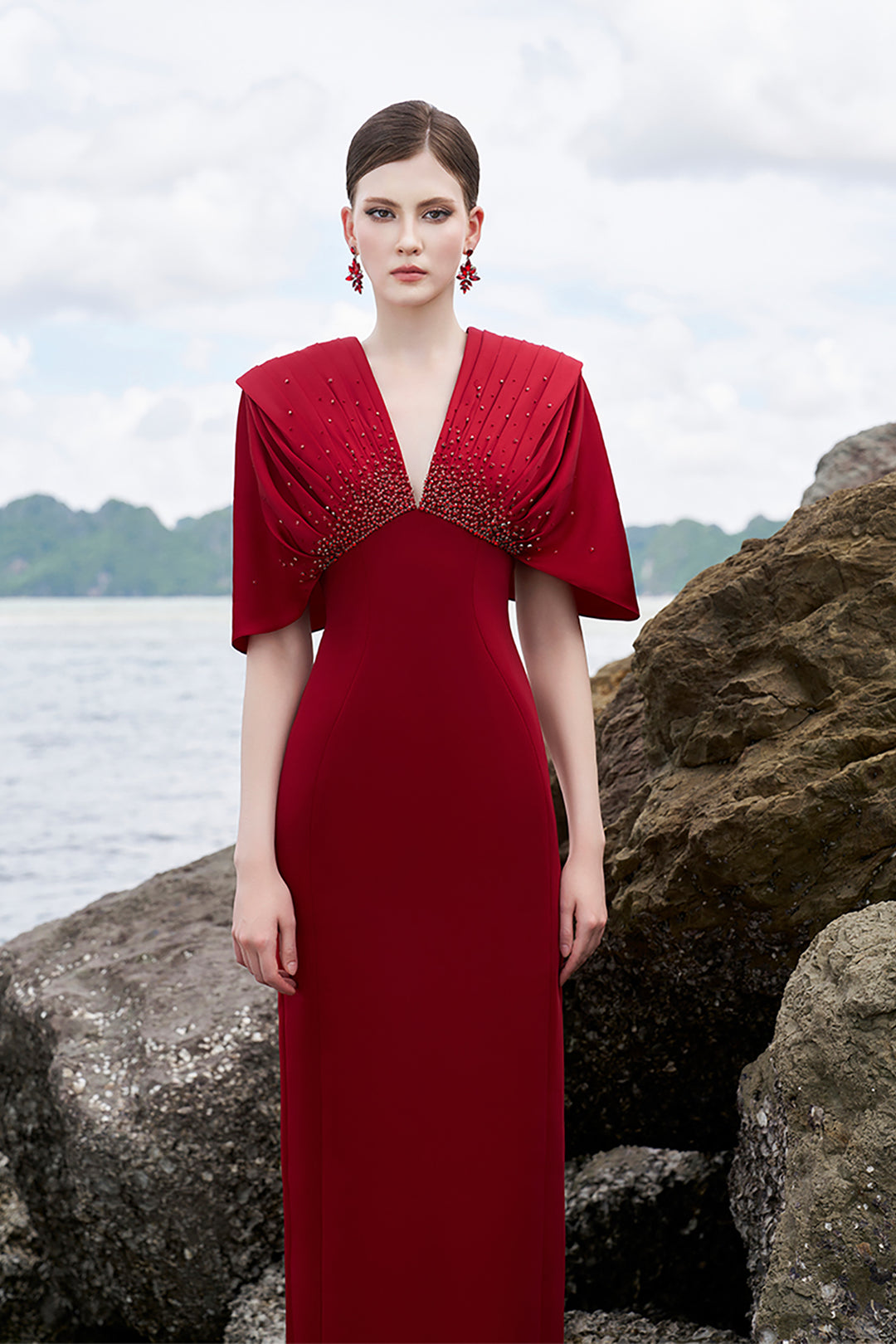 Velvet Satin Dress with Crystal-Embellished V-Neck