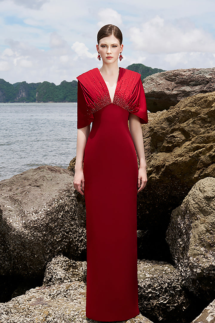 Velvet Satin Dress with Crystal-Embellished V-Neck