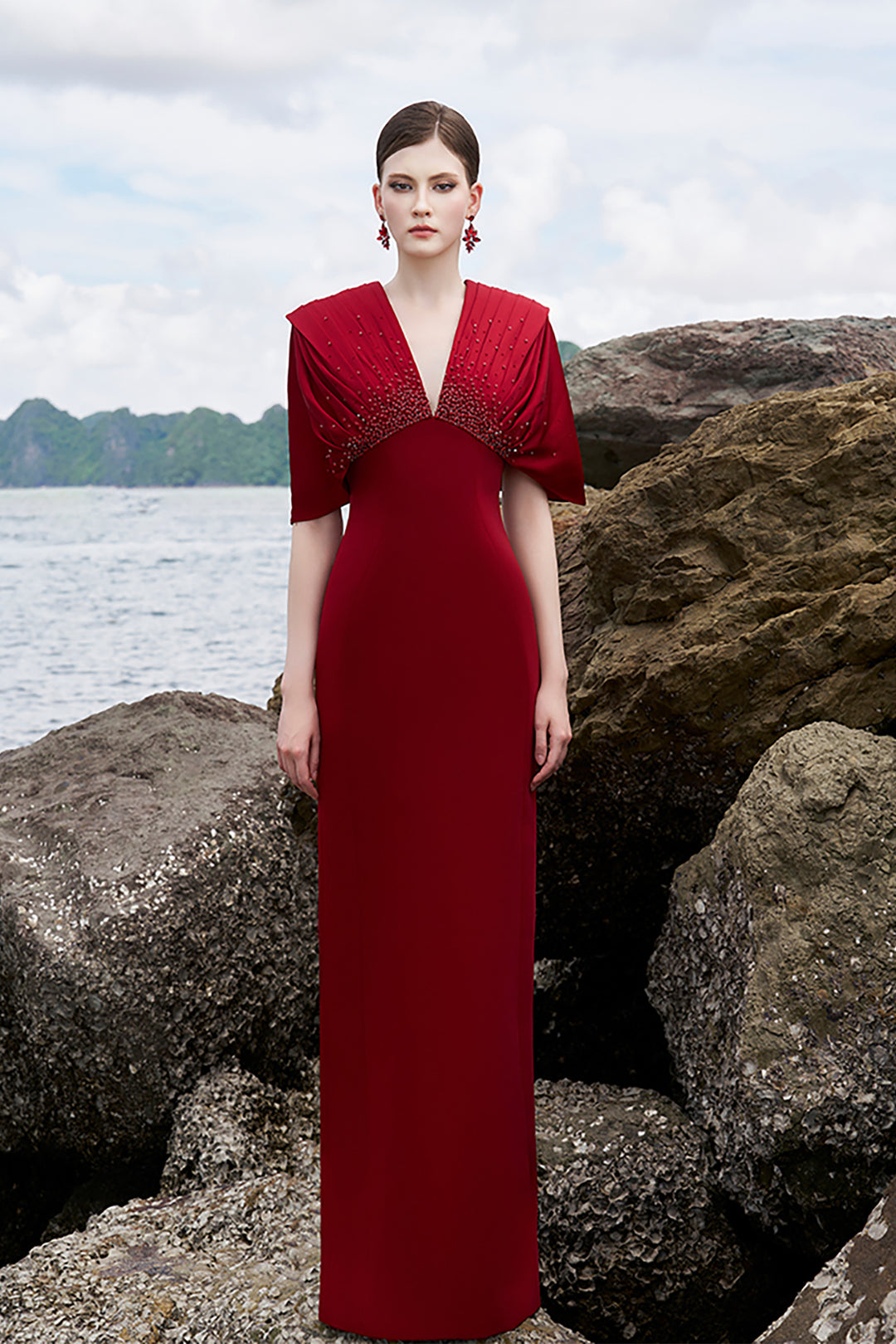 Velvet Satin Dress with Crystal-Embellished V-Neck