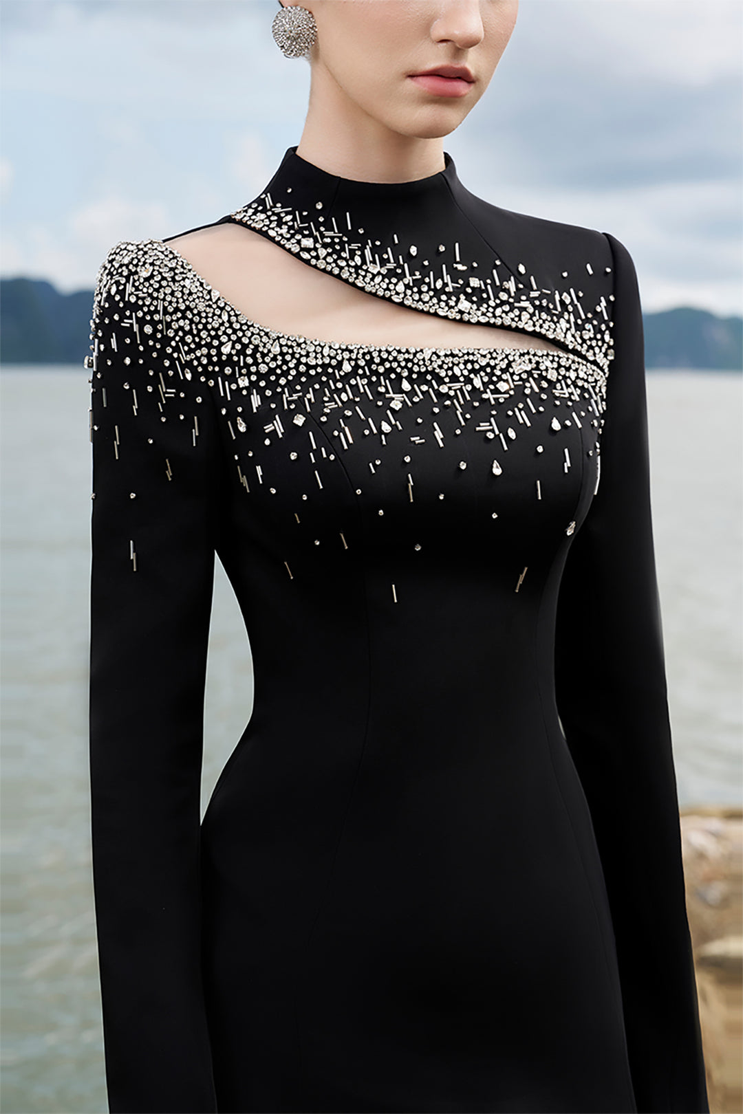 Crepe High-Neck Dress with Crystal Details