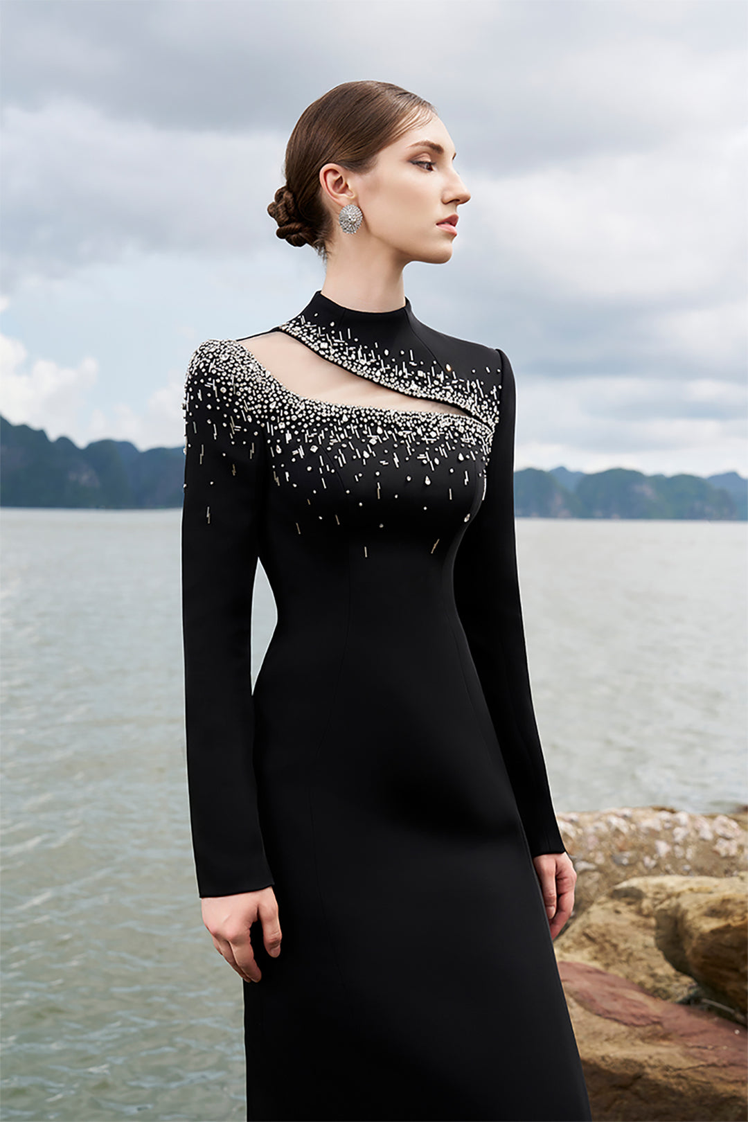Crepe High-Neck Dress with Crystal Details
