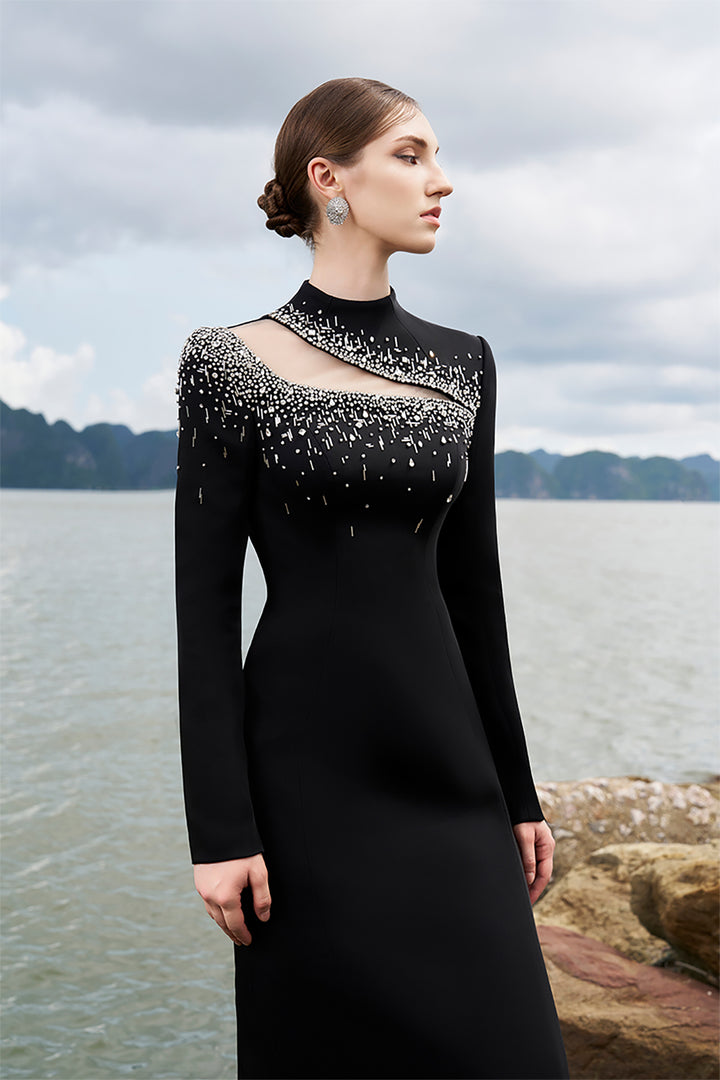 Crepe High-Neck Dress with Crystal Details