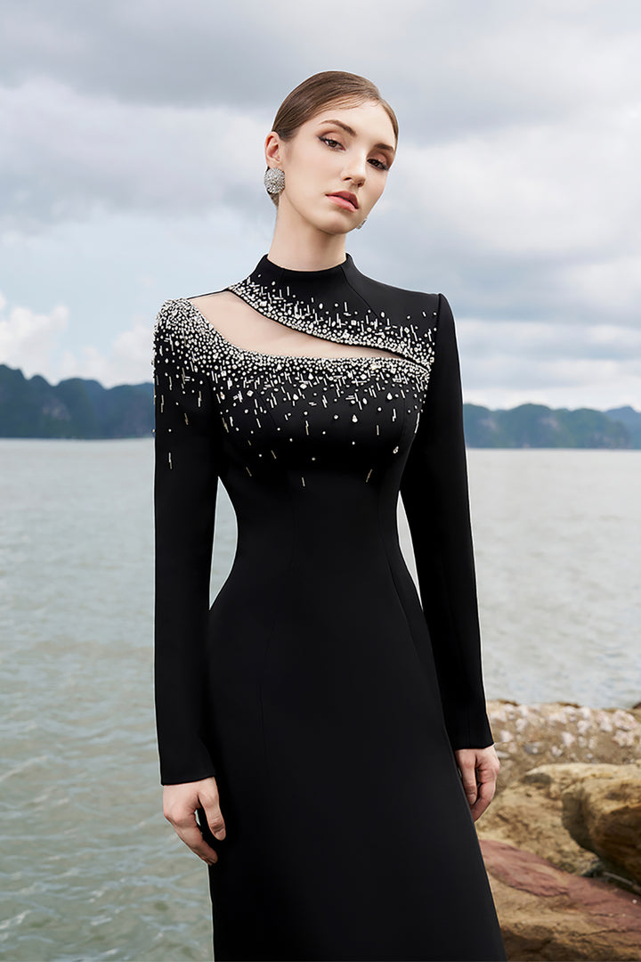 Crepe High-Neck Dress with Crystal Details