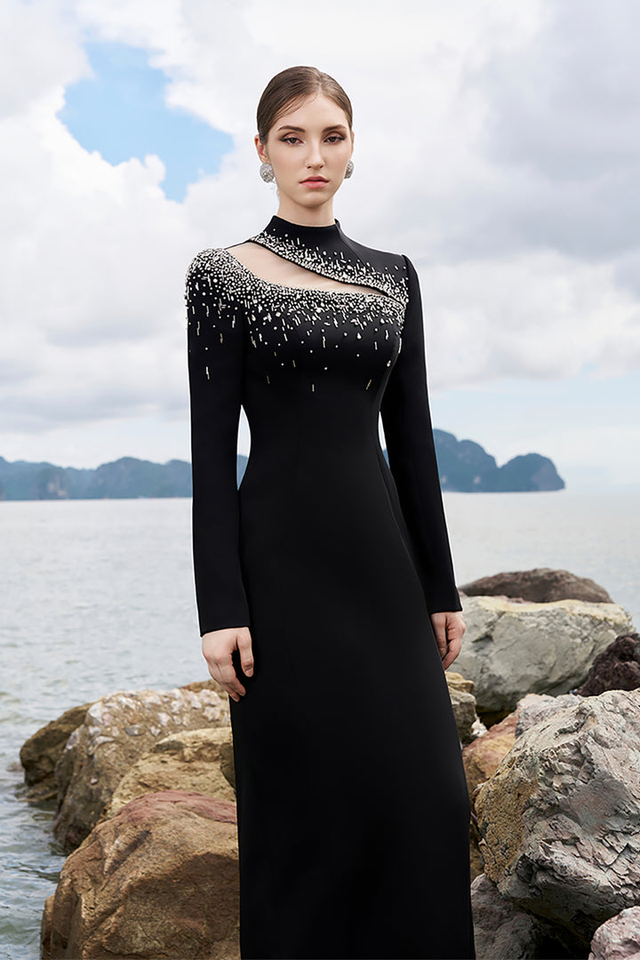 Crepe High-Neck Dress with Crystal Details