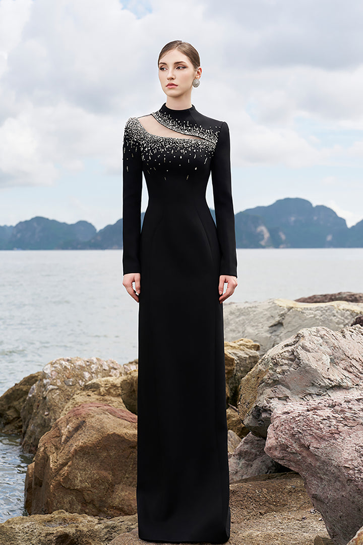 Crepe High-Neck Dress with Crystal Details