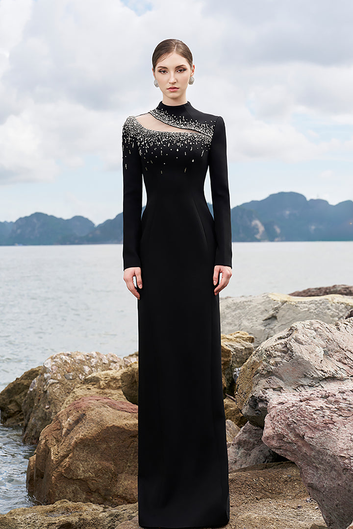 Crepe High-Neck Dress with Crystal Details