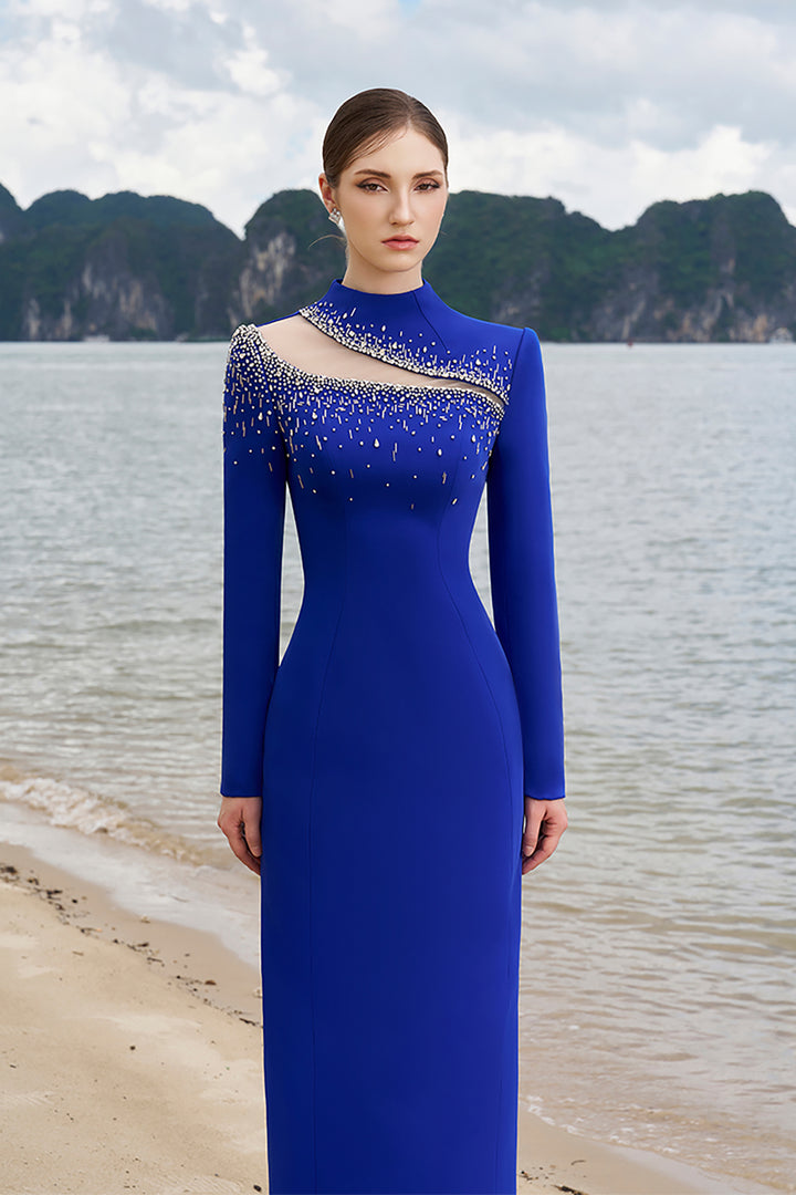 Crepe High-Neck Dress with Crystal Details