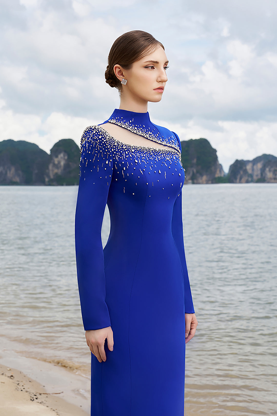 Crepe High-Neck Dress with Crystal Details