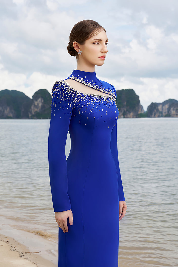 Crepe High-Neck Dress with Crystal Details