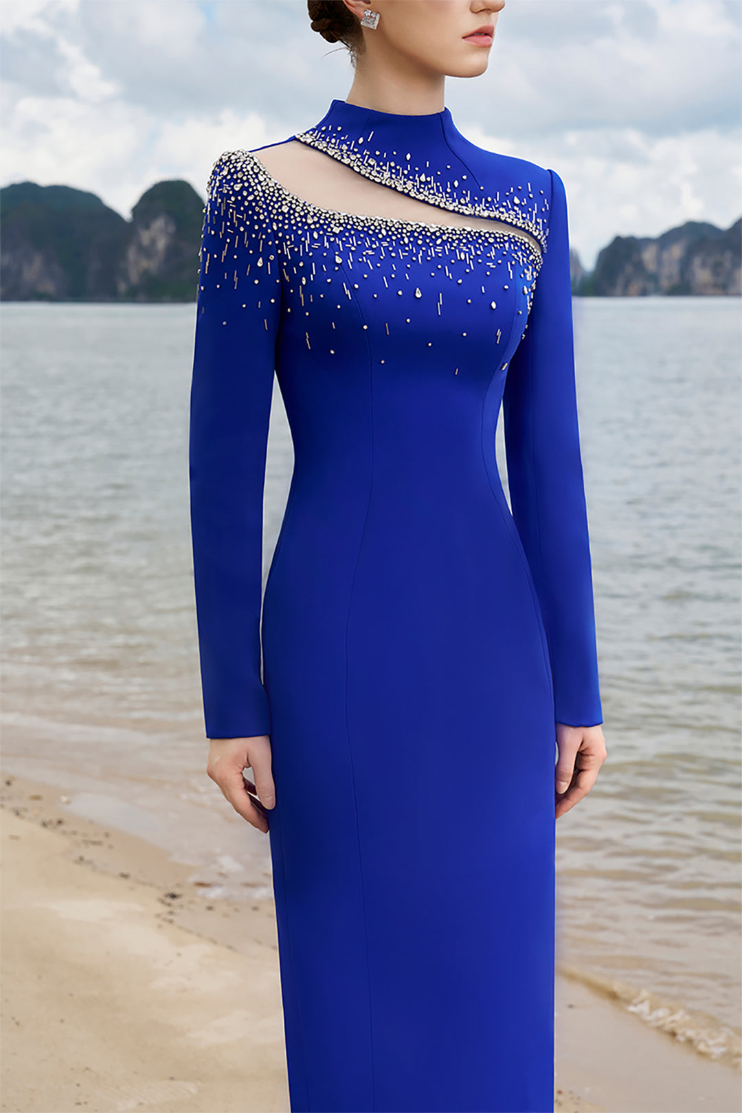 Crepe High-Neck Dress with Crystal Details