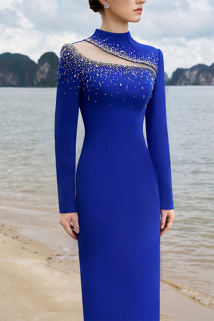 Crepe High-Neck Dress with Crystal Details