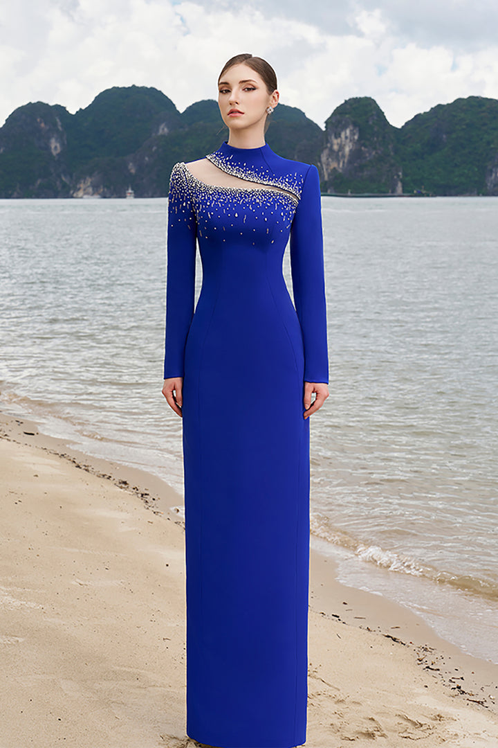 Crepe High-Neck Dress with Crystal Details