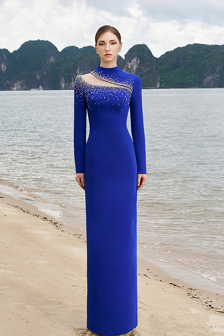 Crepe High-Neck Dress with Crystal Details