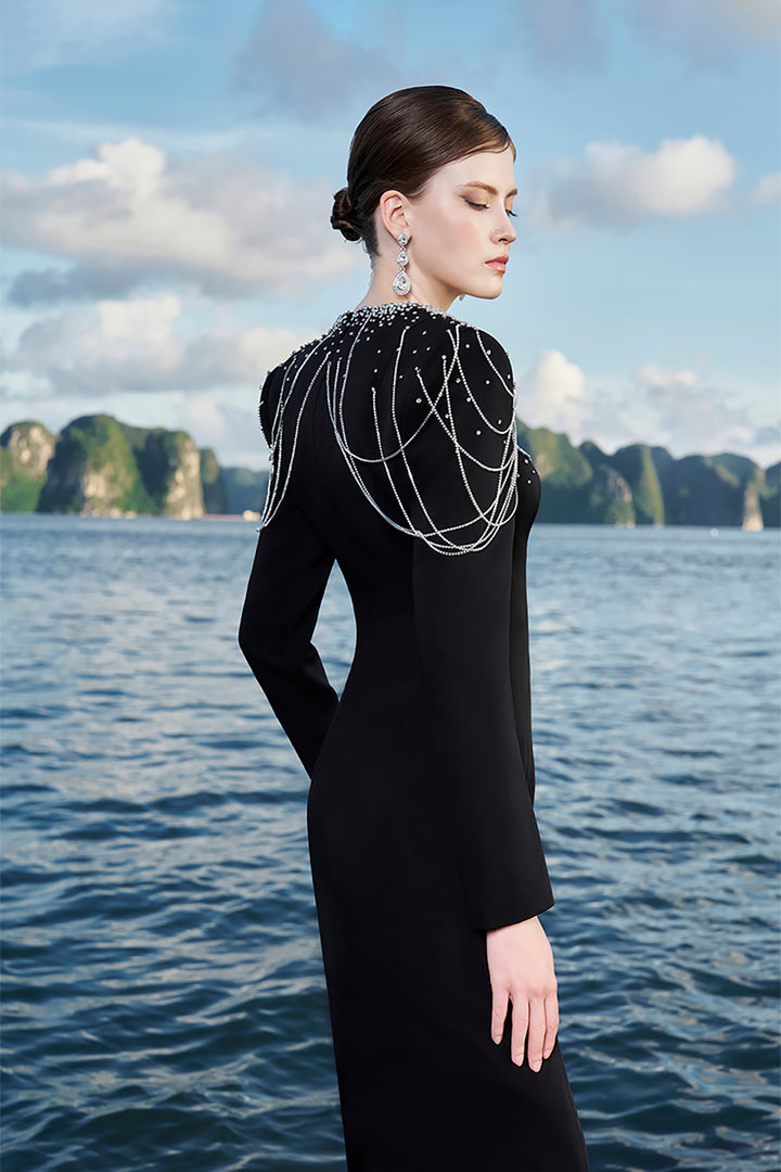 Crepe Dress with Crystal Strings and Cut-Out