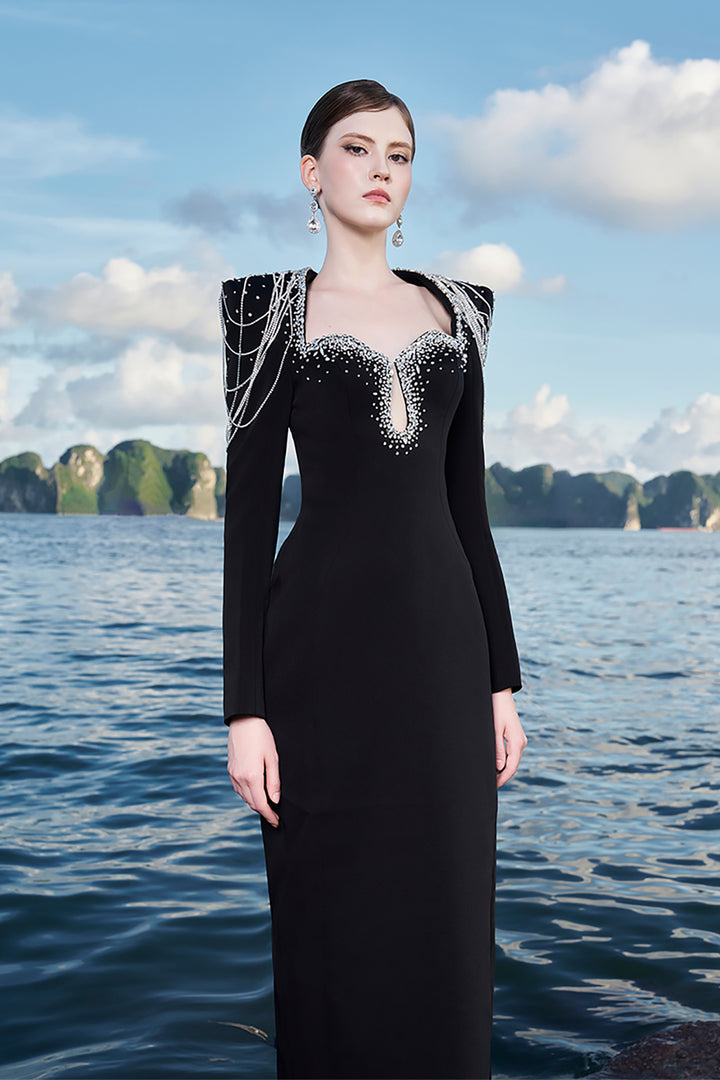 Crepe Dress with Crystal Strings and Cut-Out