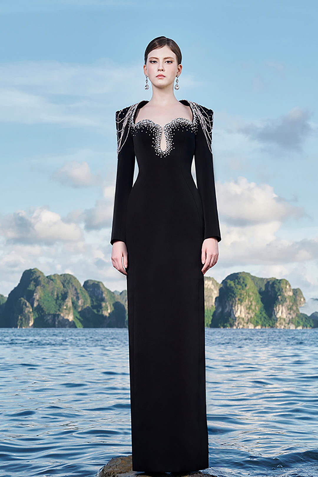 Crepe Dress with Crystal Strings and Cut-Out