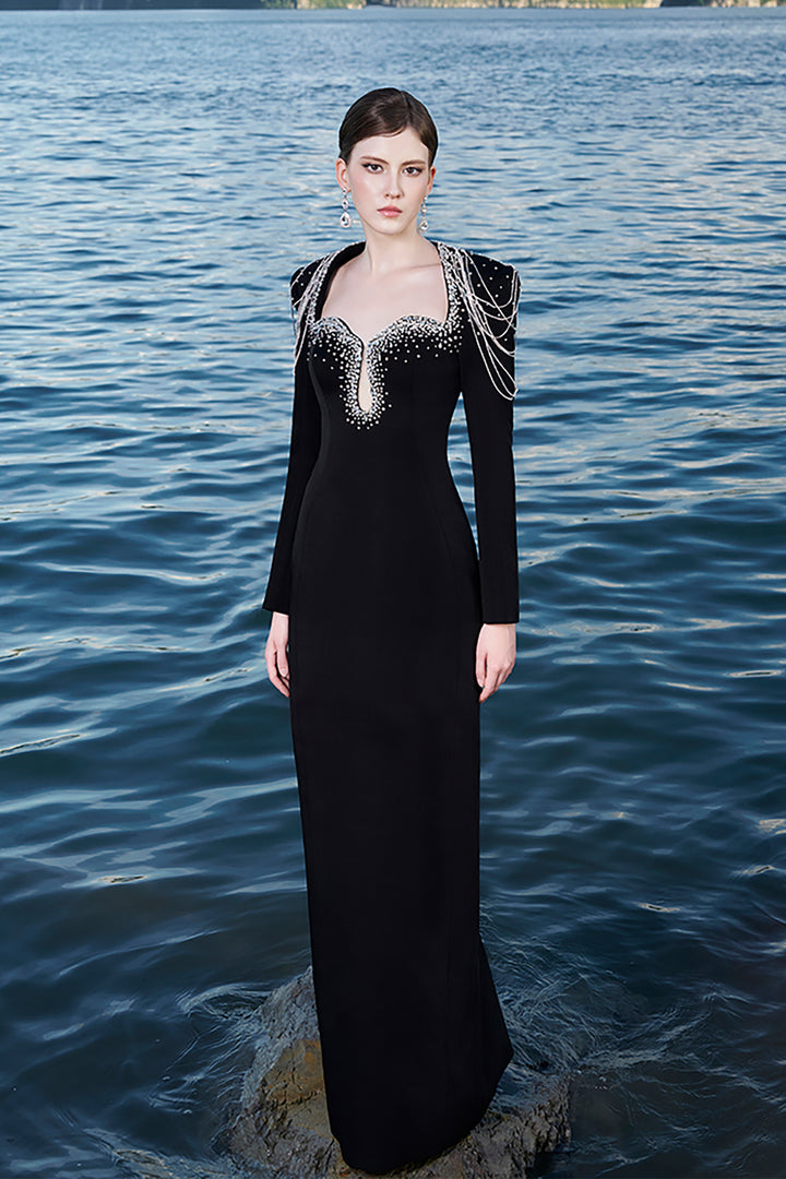 Crepe Dress with Crystal Strings and Cut-Out