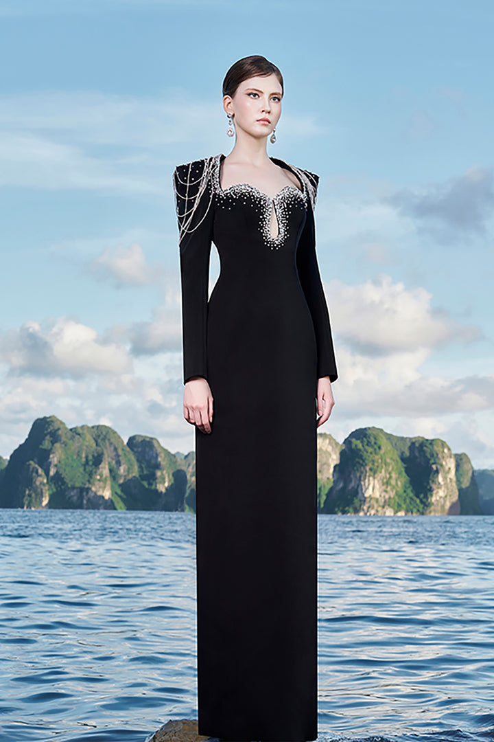 Crepe Dress with Crystal Strings and Cut-Out