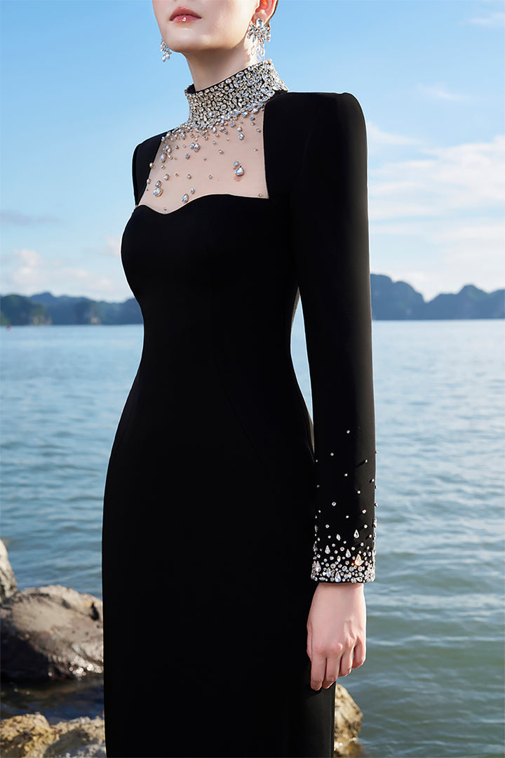Crepe Dress with Crystals and Mesh