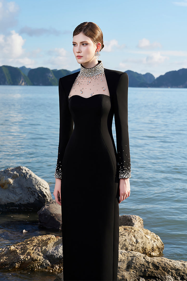 Crepe Dress with Crystals and Mesh