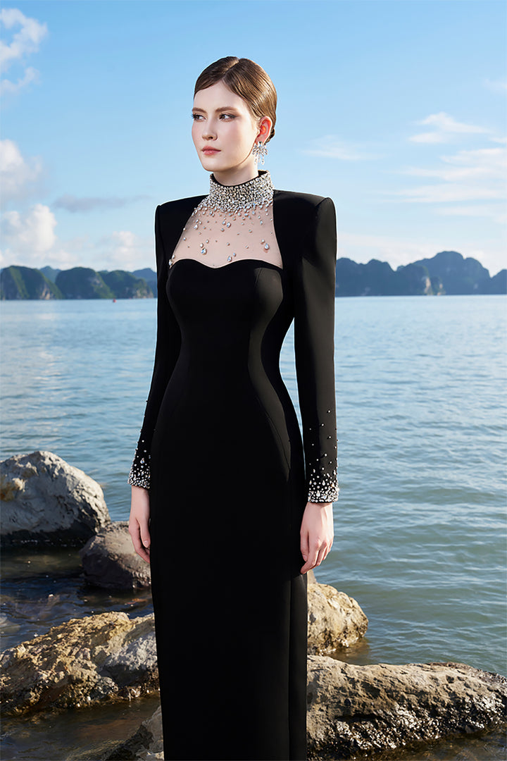 Crepe Dress with Crystals and Mesh