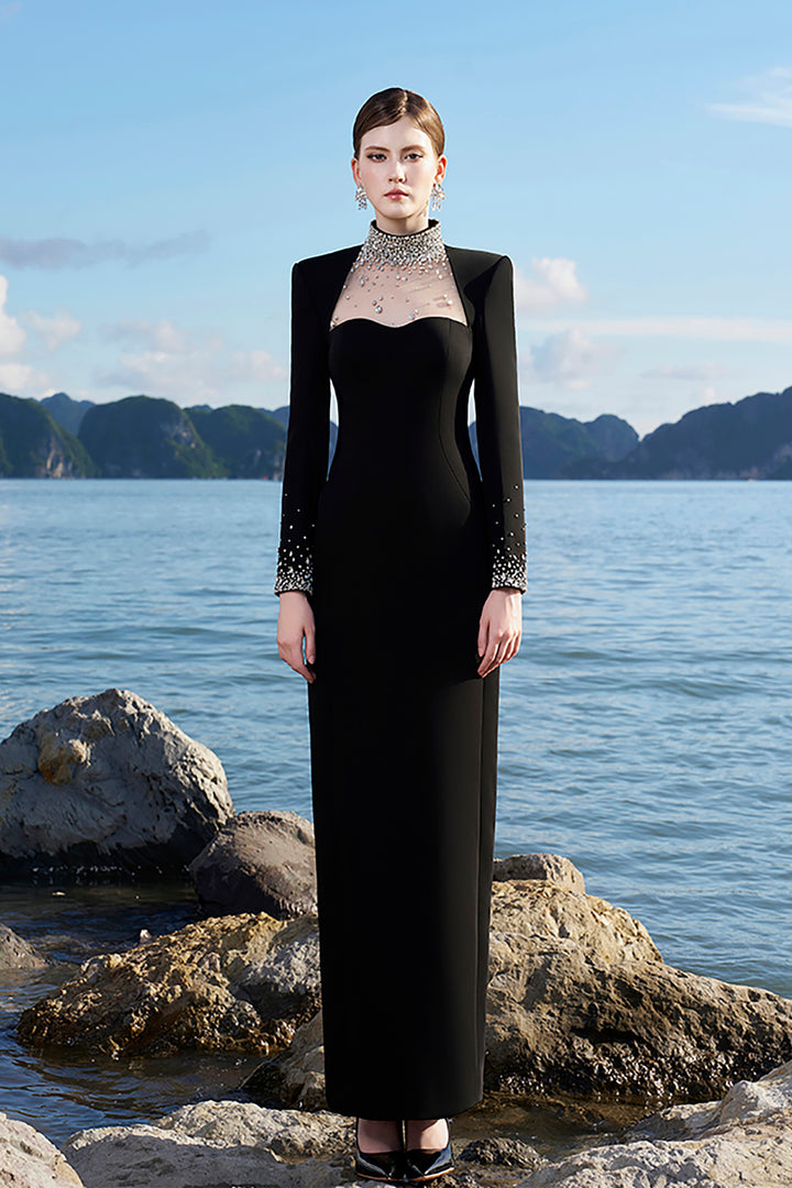 Crepe Dress with Crystals and Mesh