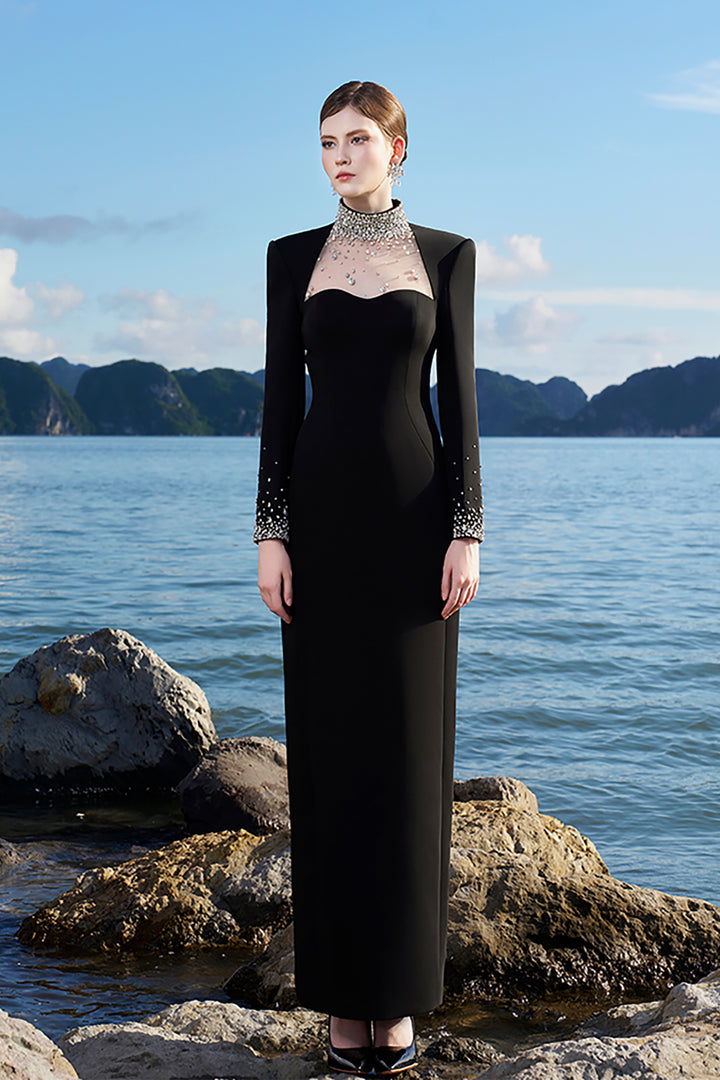 Crepe Dress with Crystals and Mesh