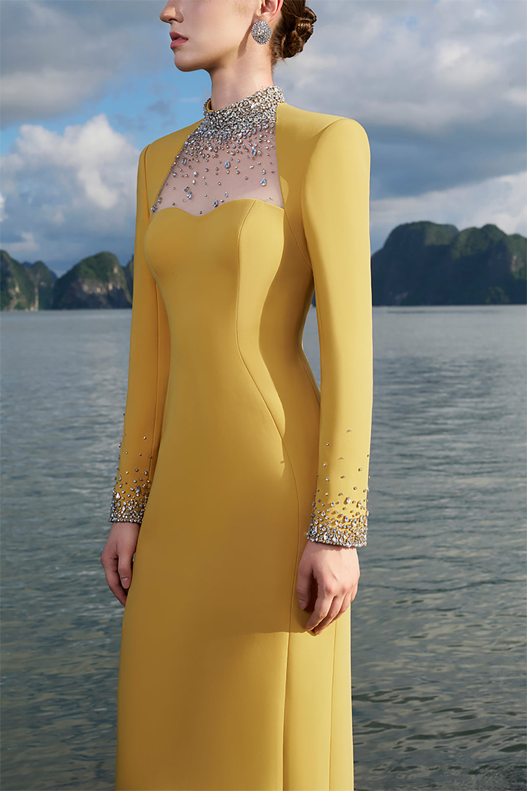 Crepe Dress with Crystals and Mesh