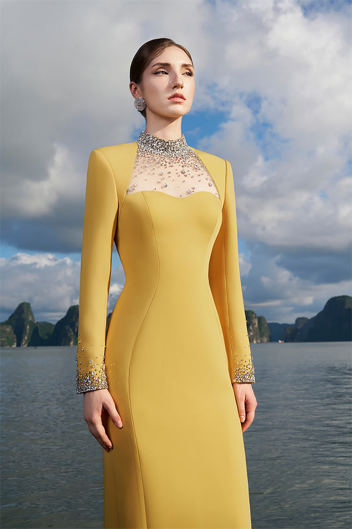 Crepe Dress with Crystals and Mesh