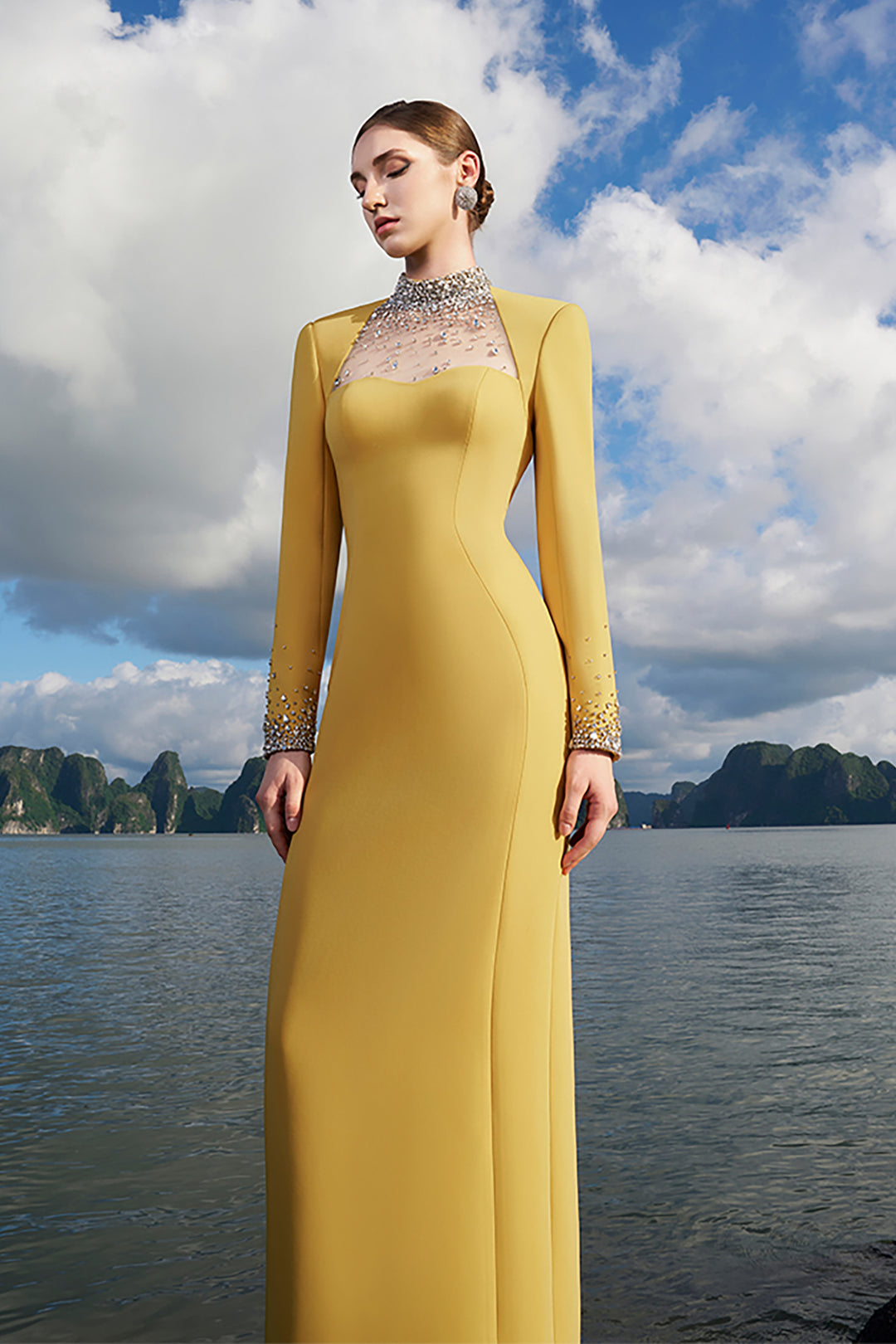 Crepe Dress with Crystals and Mesh